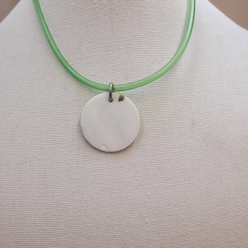 Vtg Green Glass Pendant Necklace Silver Tone Rhinestone Choker Statement Jewelry - Picture 3 of 4